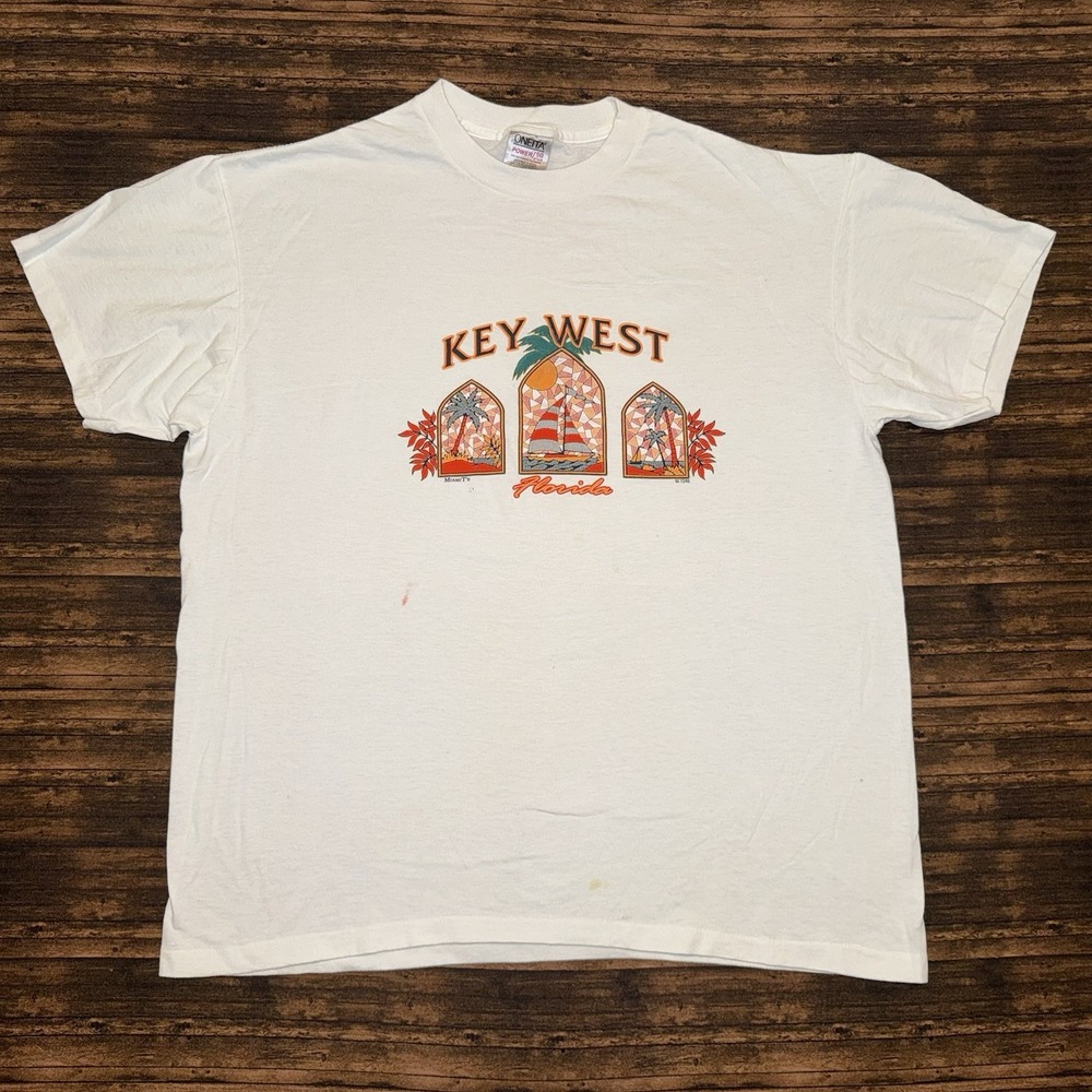 Oneita Graphic T Shirt Mens XL White Vintage Key West Florida Single Stitch